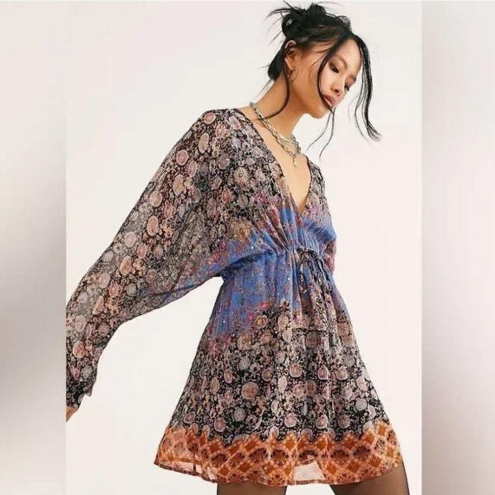 Free People Oversized Mini Dress Blue Floral Sheer Sequin Flowy Embroidered XS